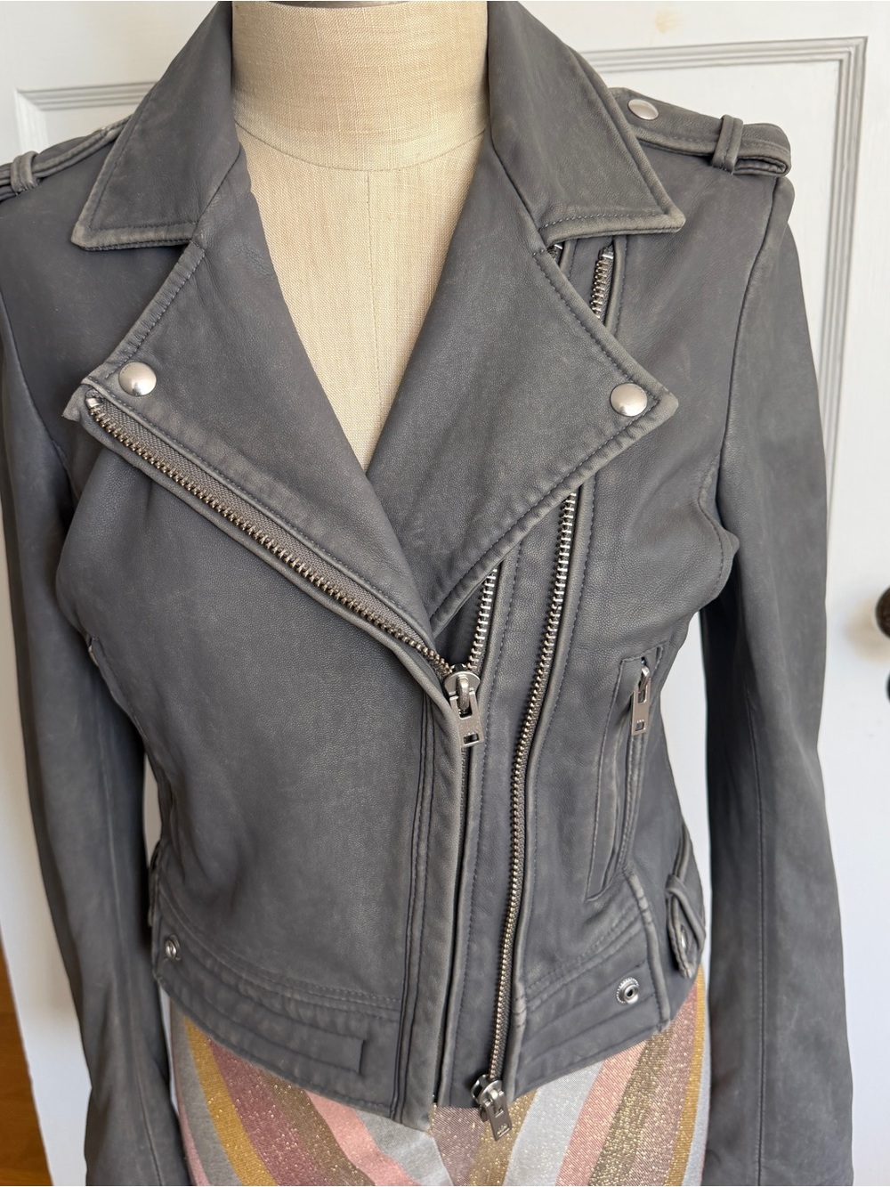 IRO Matte Gray Leather Moto Jacket with Silver Hardware